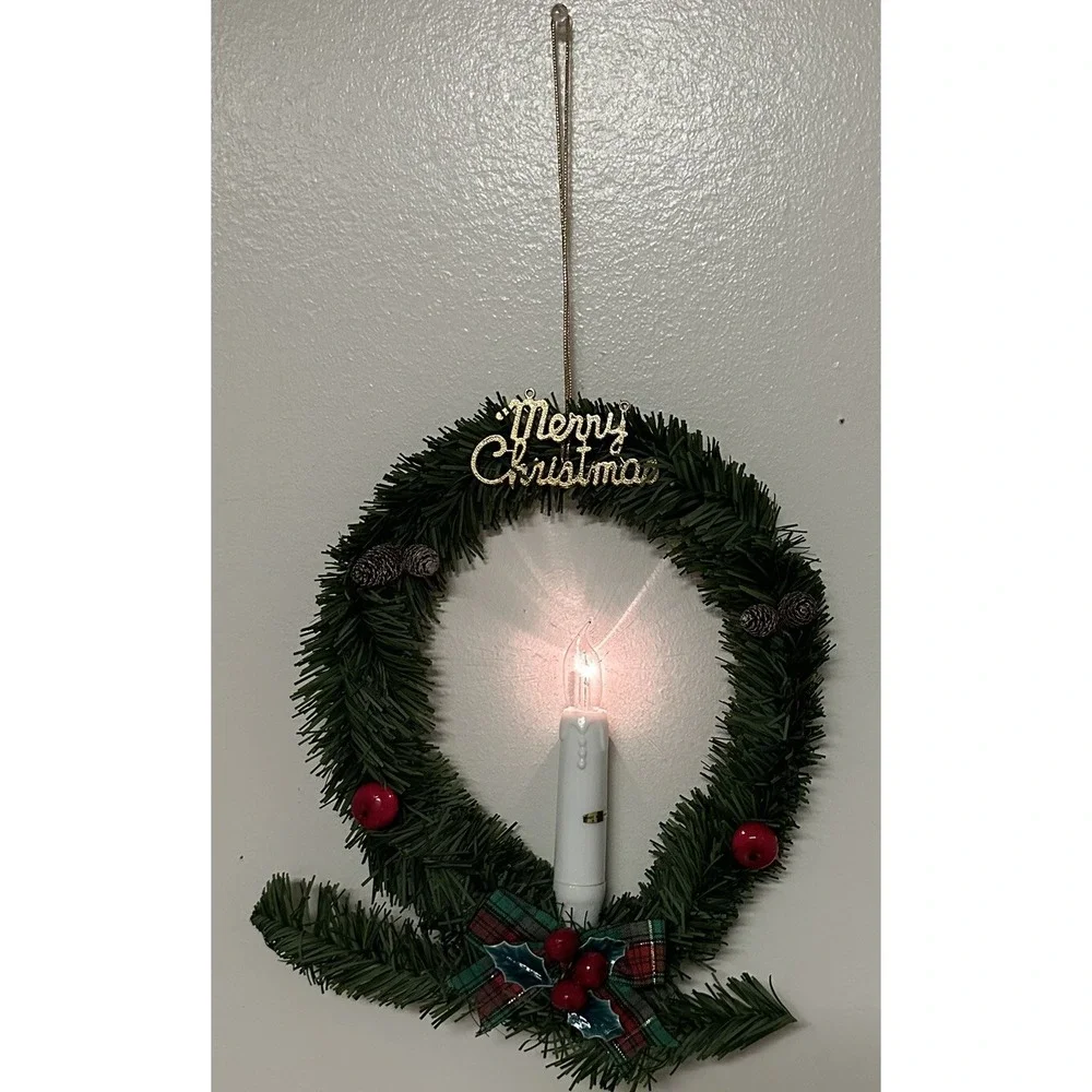 Vintage Lighted Candle Merry Christmas Wreath Hanging Window Decor NEW NOS